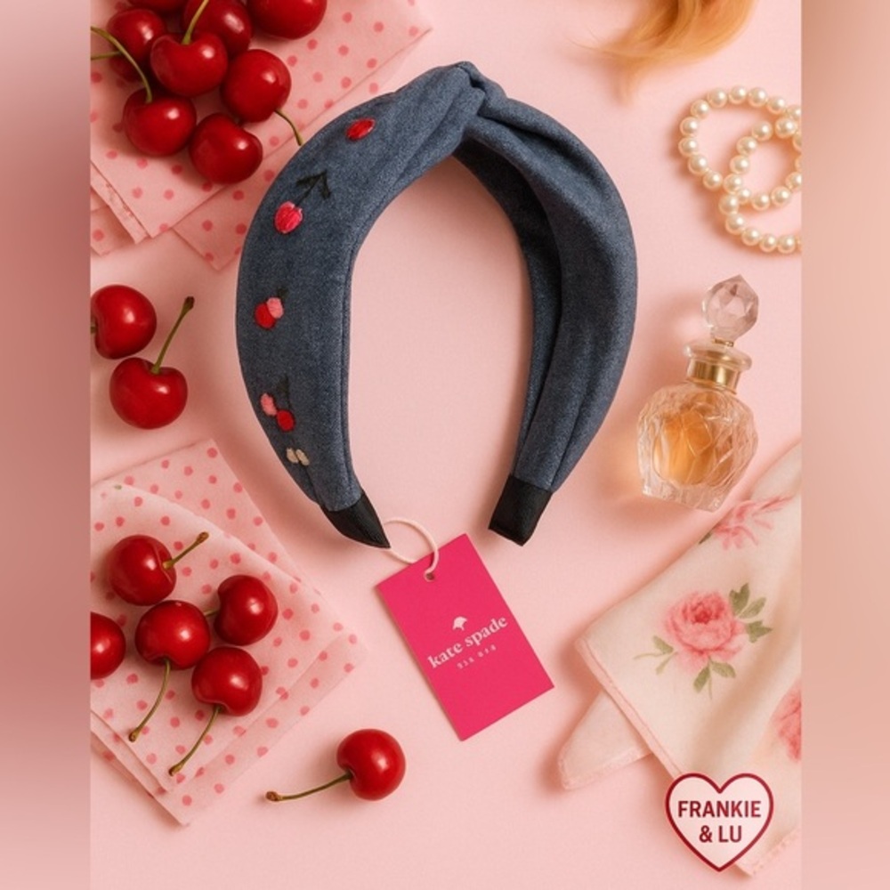 Kate Spade New York Cherry Denim Headband Twist Knot Embroidered NWT
